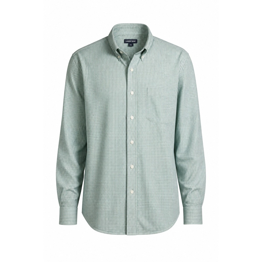 Lands' End Mens XXL Green White Gingham Check Cotton Button Down Long Sleeve